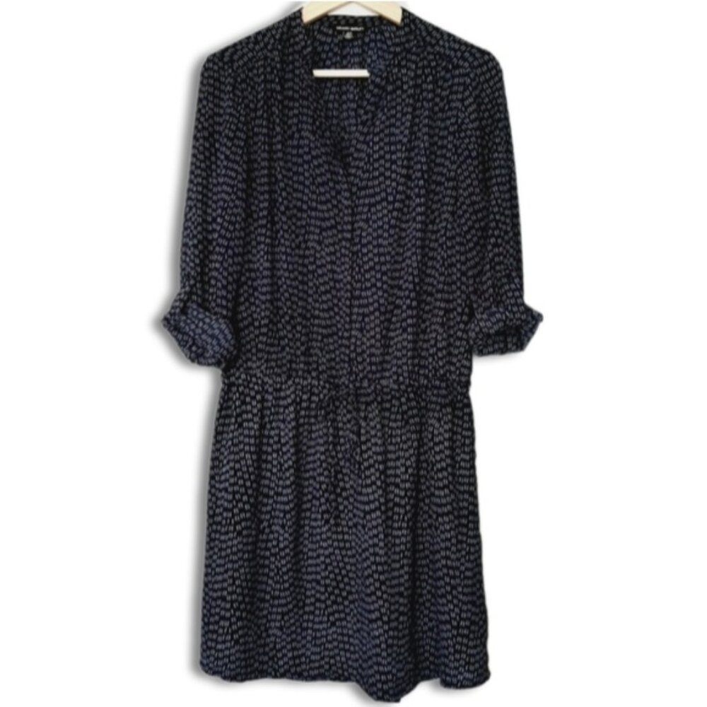 HILARY RADLEY Utility Sleeve Drop Waist Dress Navy Blue Tribal Geo Print Sz S